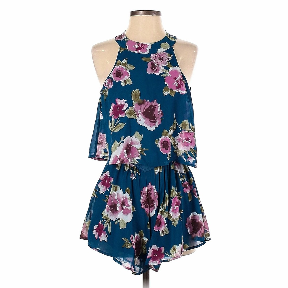 Peach Love California Blue Floral Print Chiffon High-Neck Halter Ruffle Romper